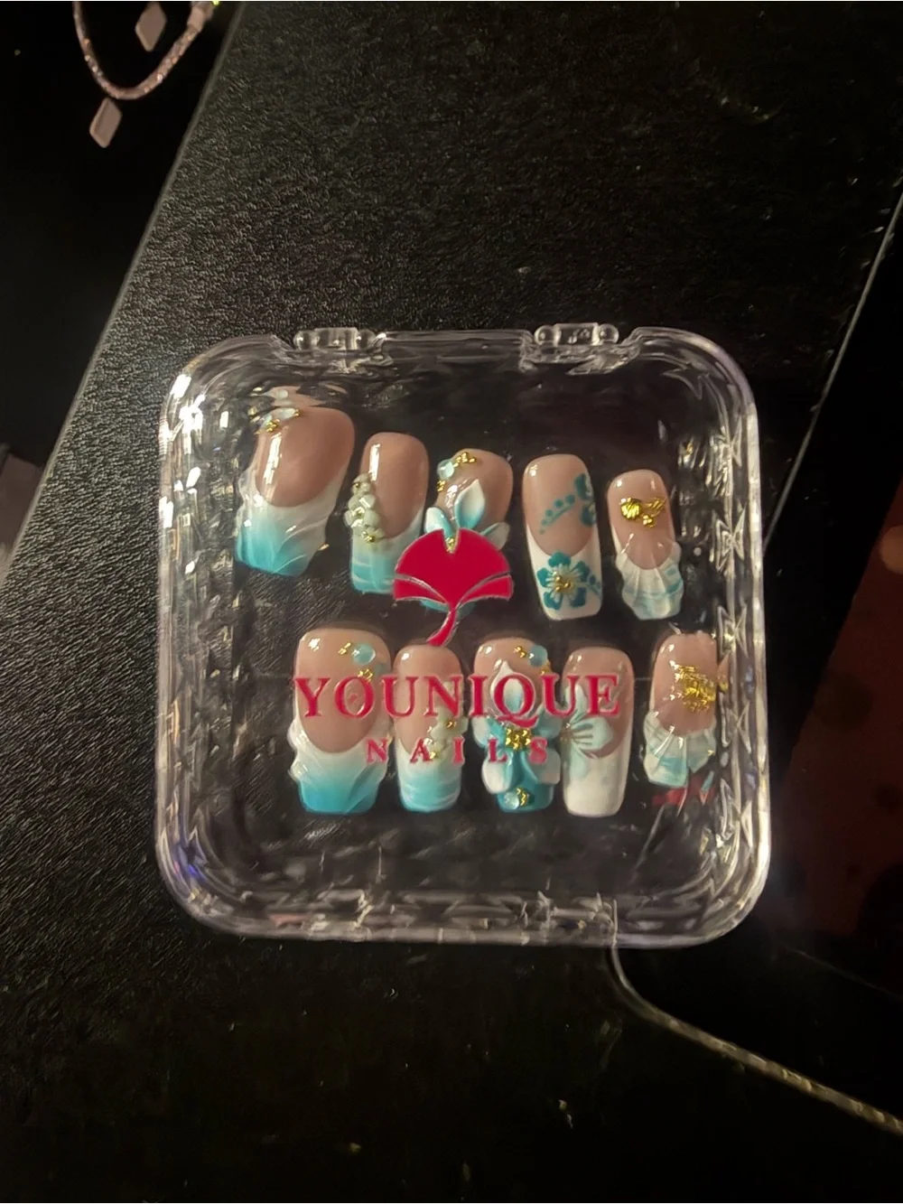 Younique Ombre Aqua & White Floral Press-On Nail Set with Gold Accents